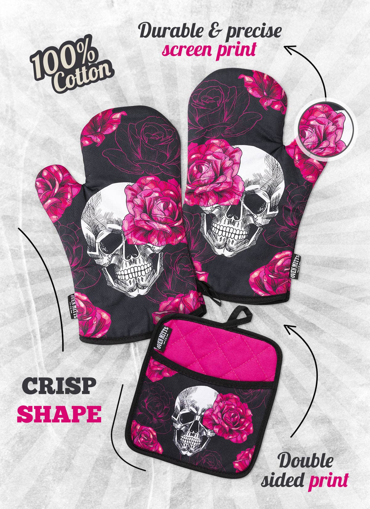 Pink Rose & Skull Oven Mitts And Potholder Set