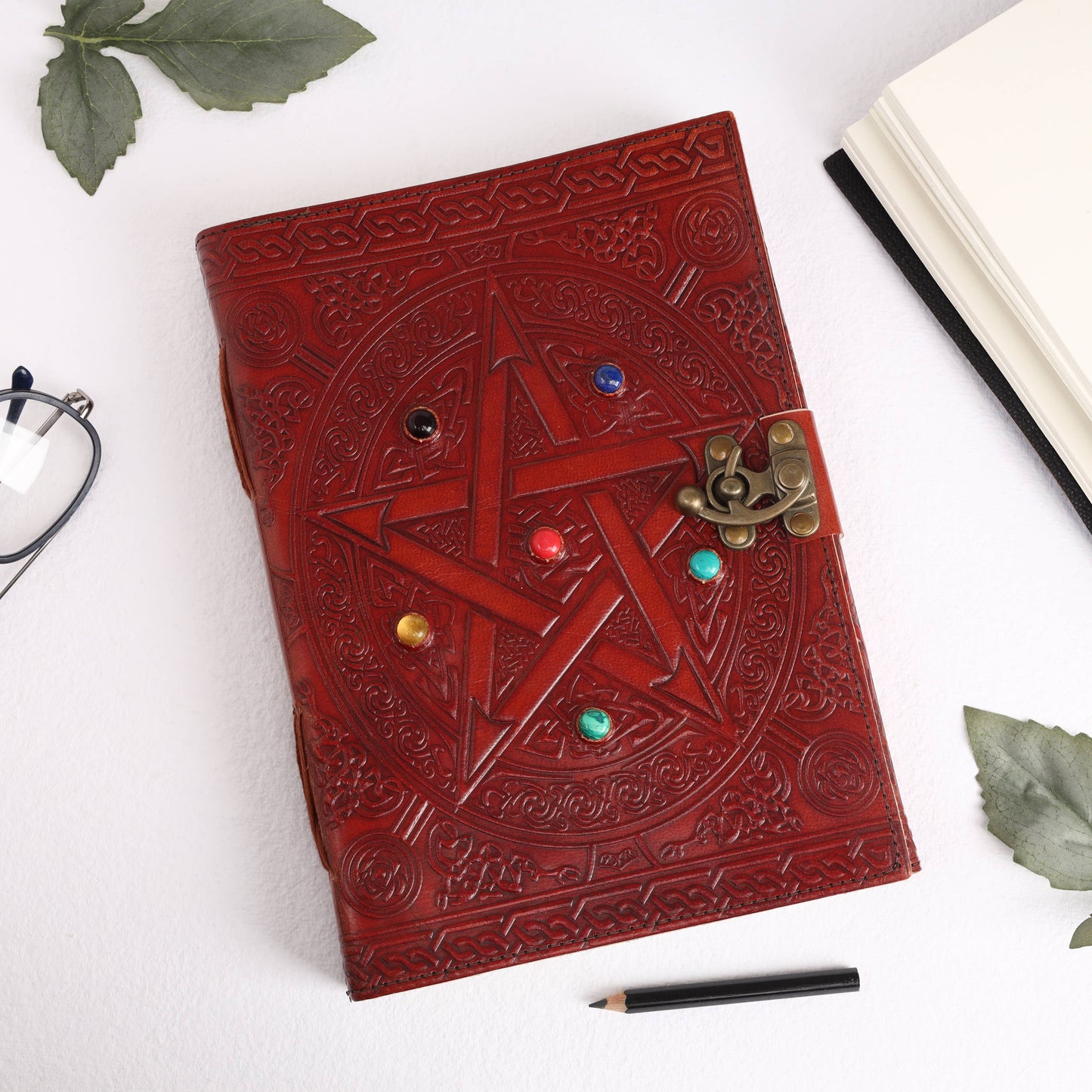 Leather Pentagram Journal with Six Gemstones