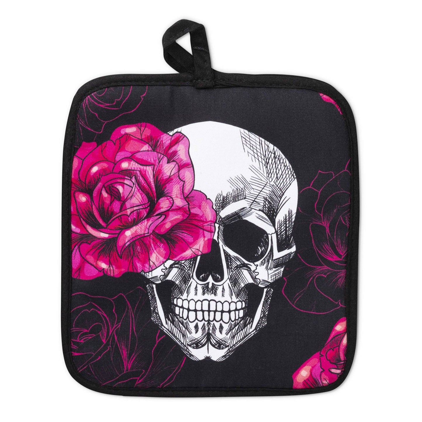 Pink Rose & Skull Oven Mitts And Potholder Set