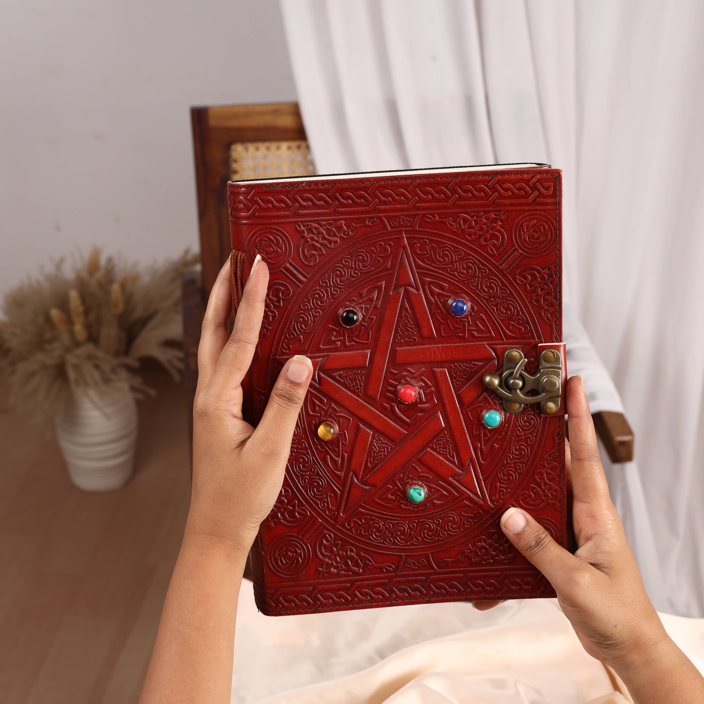 Leather Pentagram Journal with Six Gemstones