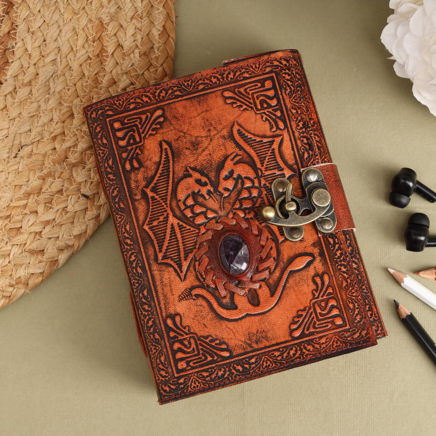 Leather Journal with Stone Dragon Embossed