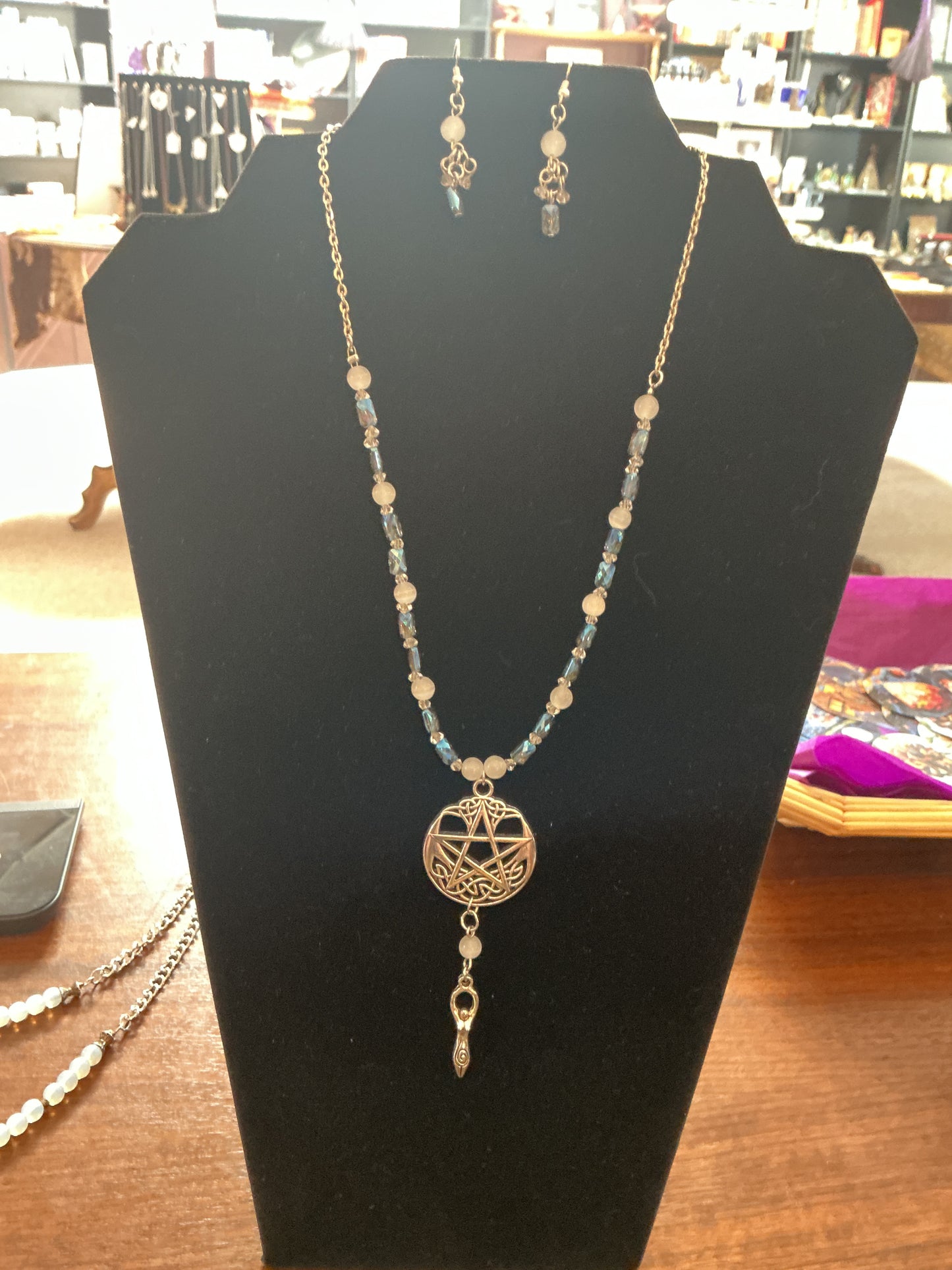Pentacle and Goddess charm Necklace and Earing set