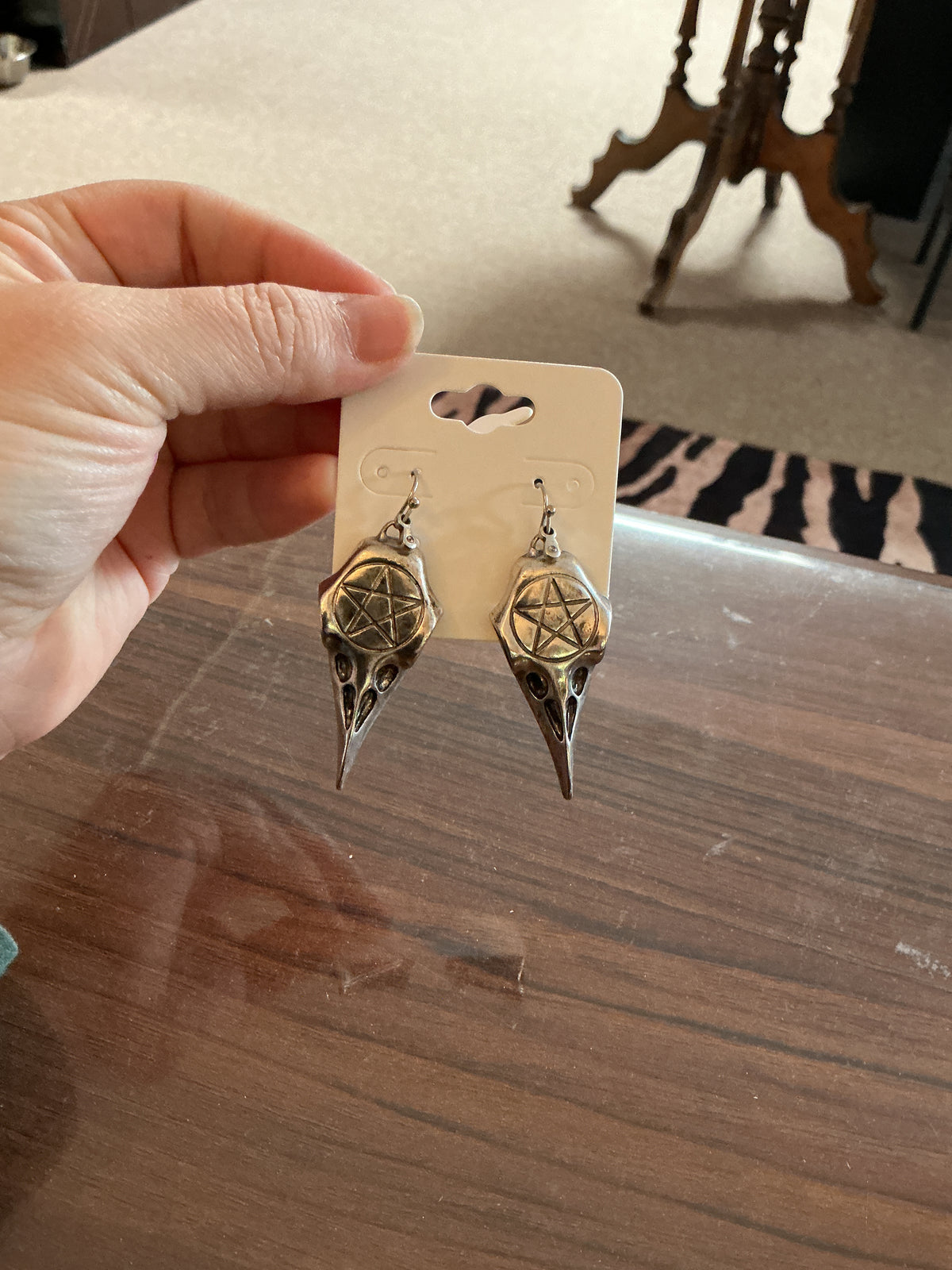 Silver Bird Skull with Pentagram Earrings