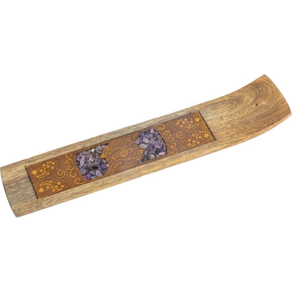 Wood Incense Holder - Healing Hands w/ Amethyst