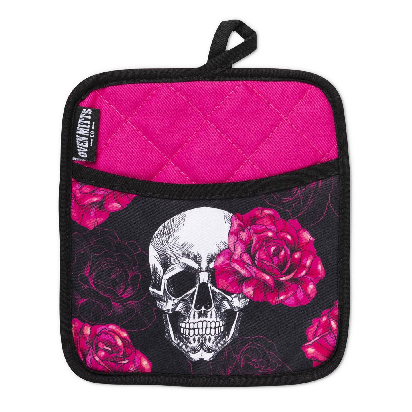 Pink Rose & Skull Oven Mitts And Potholder Set