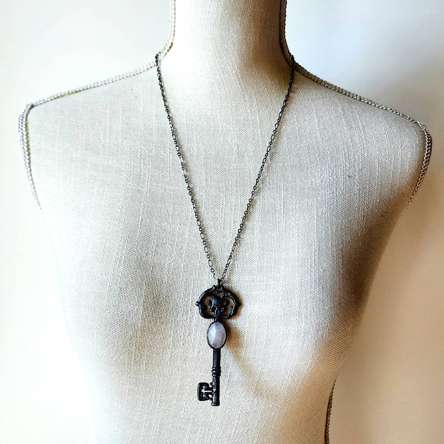 Skeleton Key Necklace-Rose Quartz