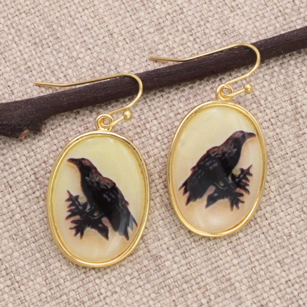 Vintage Raven Print Gold Earrings