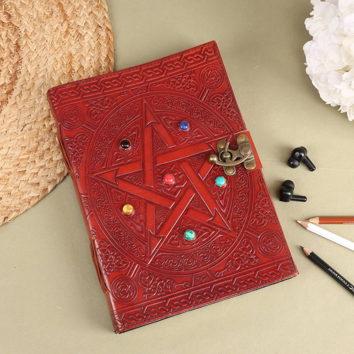 Leather Pentagram Journal with Six Gemstones