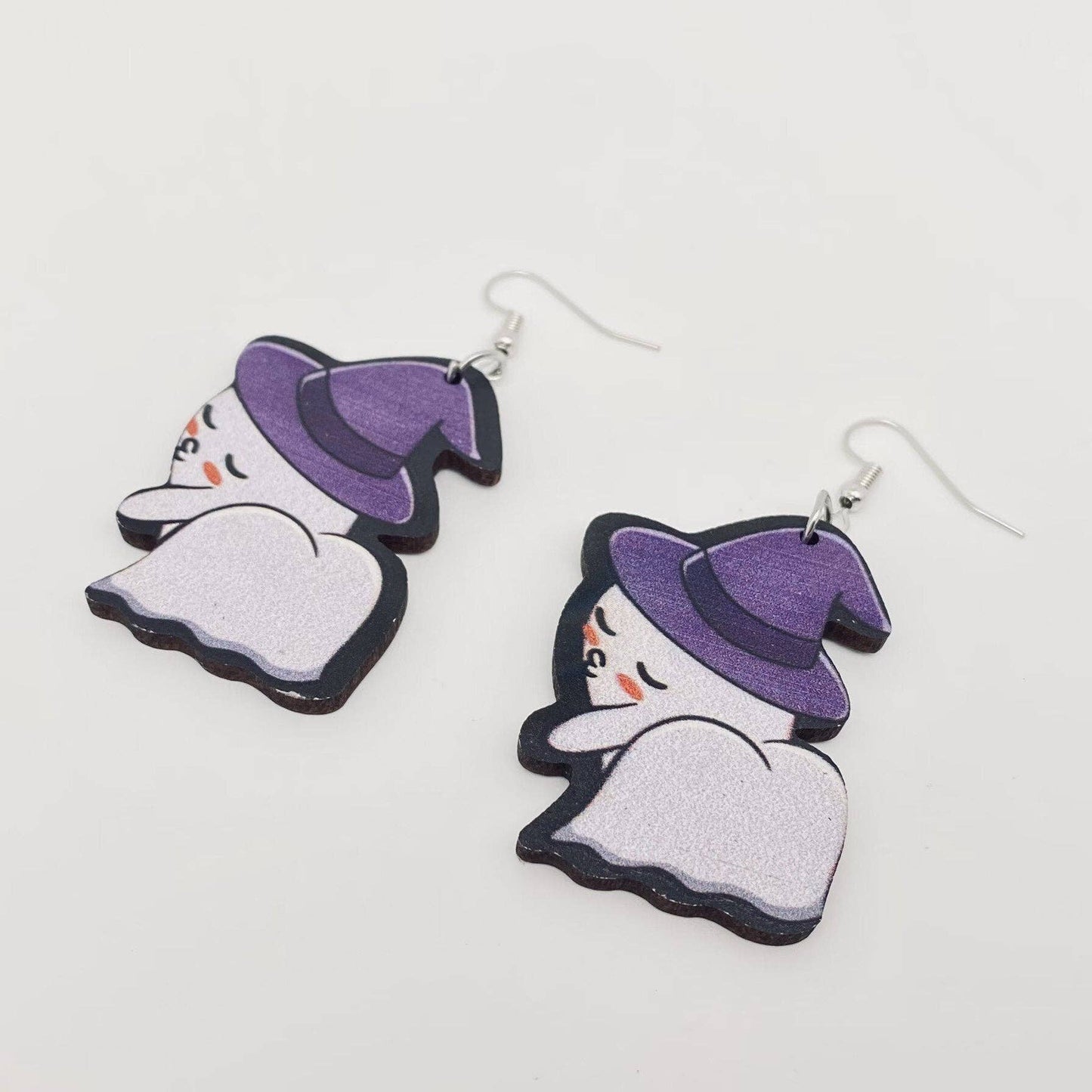 Witch Hat Ghost Wooden Double-Sided Earrings