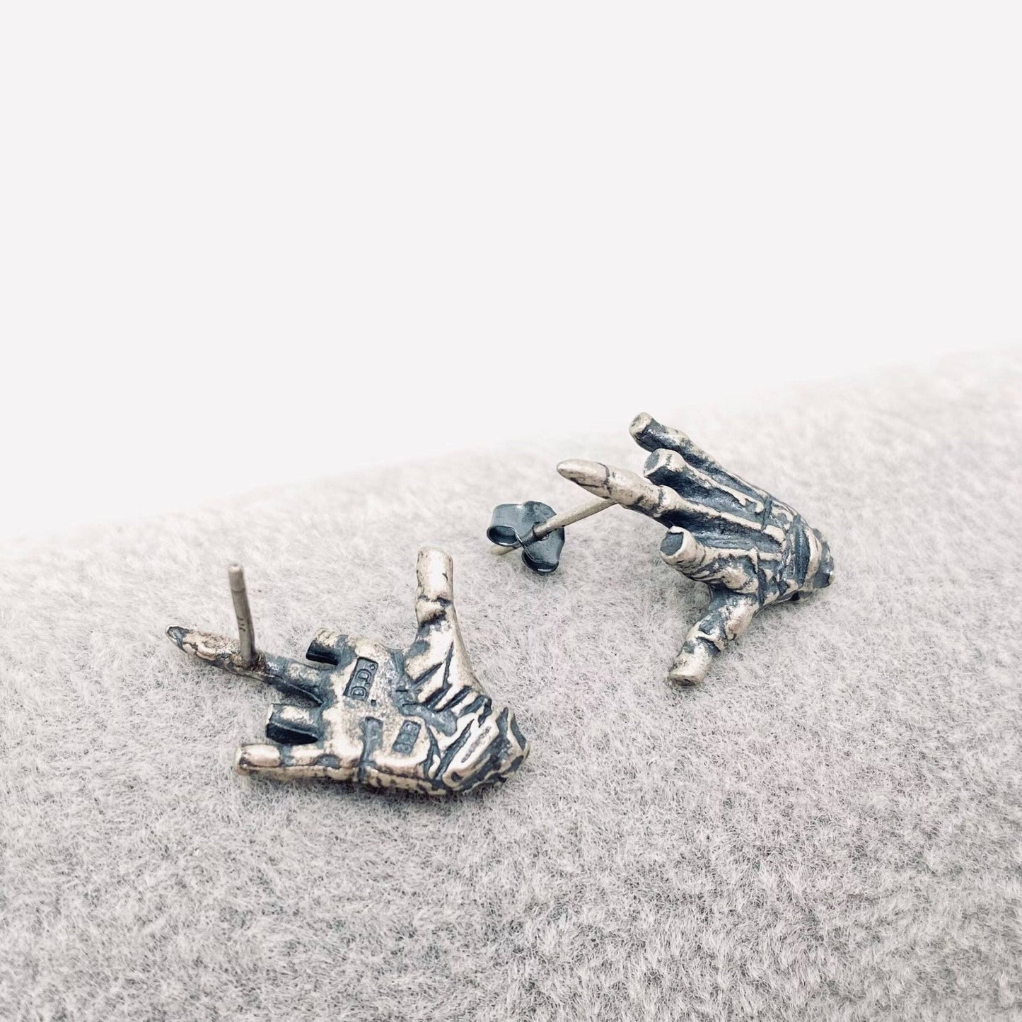 Sterling Silver Skull Hand Bone Design Ear Studs