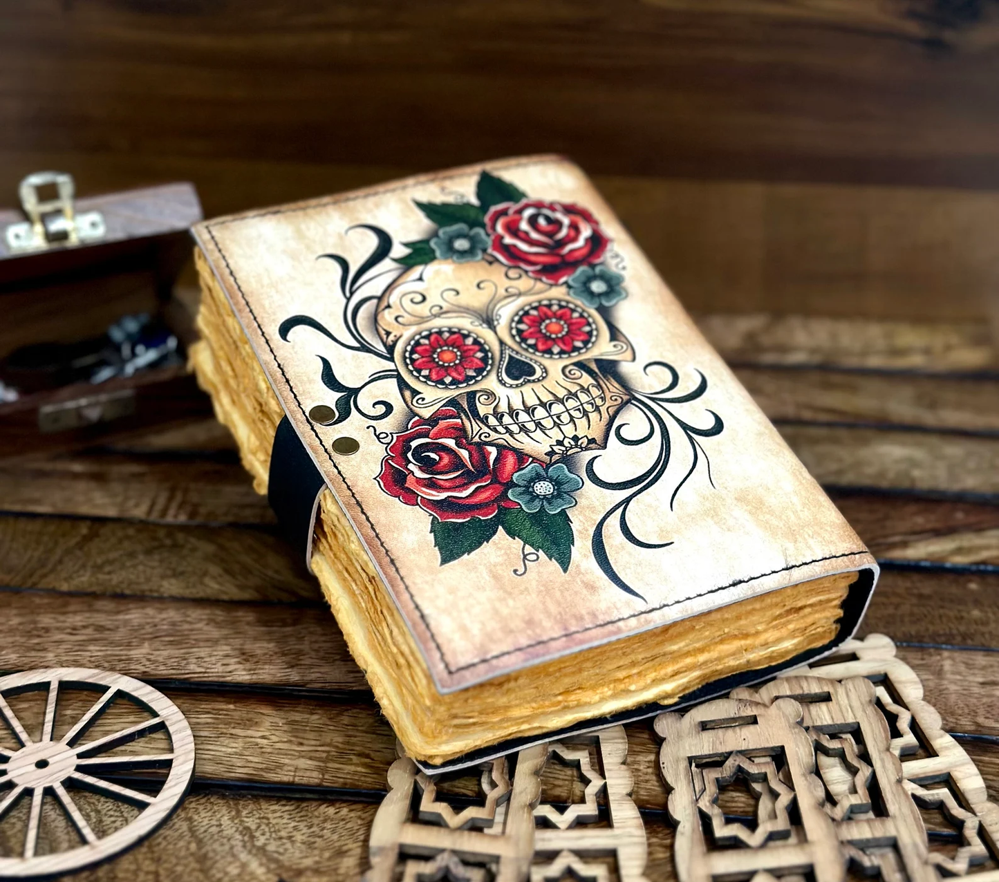 Leather Journal Grimoire with Sugar Skull Rose Print