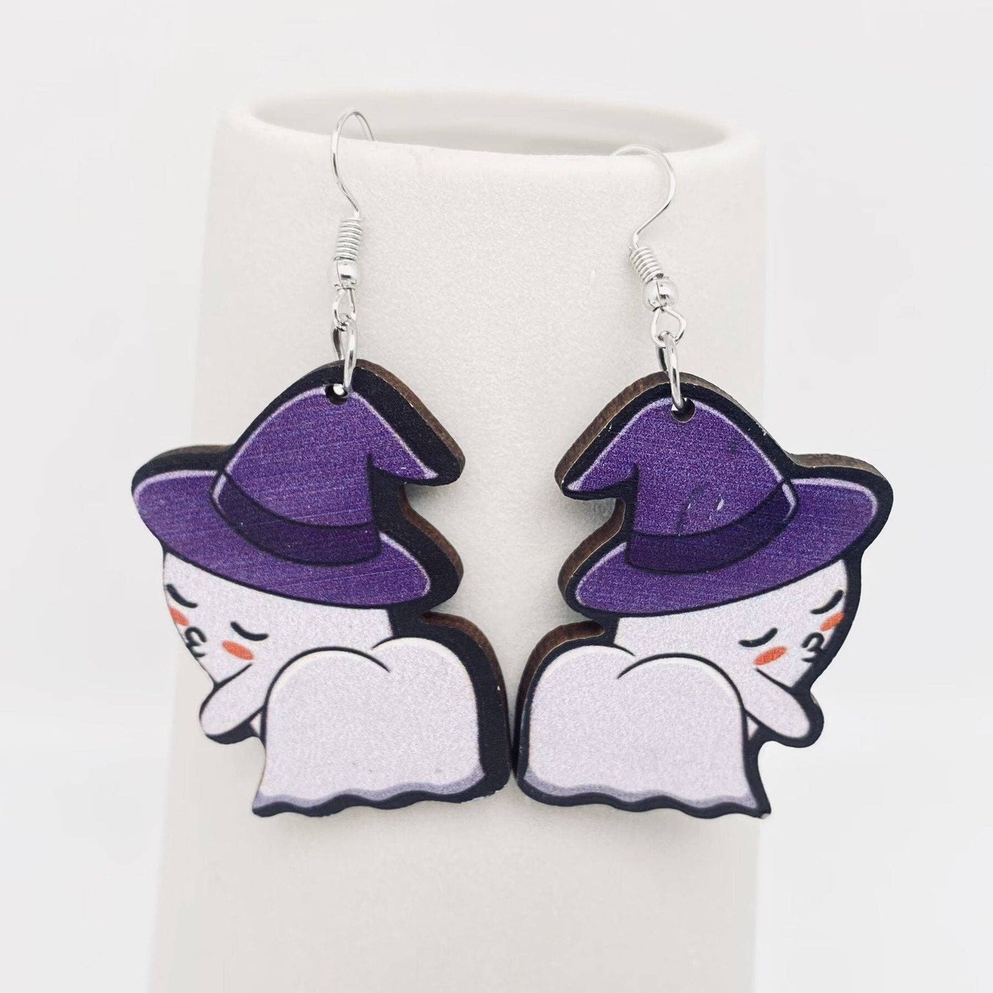 Witch Hat Ghost Wooden Double-Sided Earrings