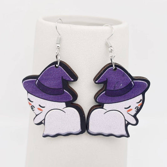Witch Hat Ghost Wooden Double-Sided Earrings