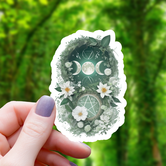 Green Floral Bohemian Moon Sticker - 3"