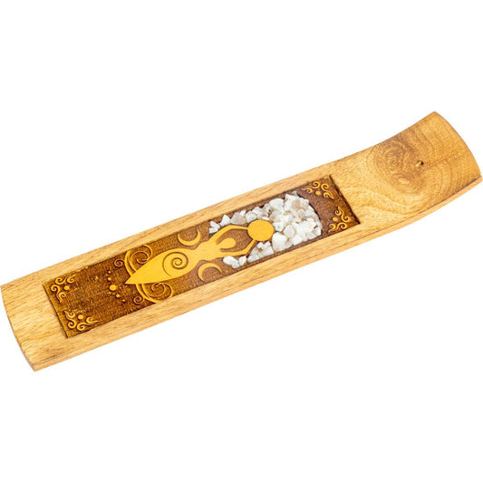 Wood Incense Holder - Moon Goddess w/ Rainbow moonstone