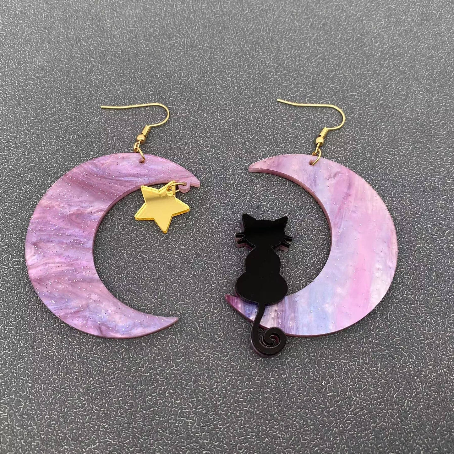 Black Cat On The crescent Moon Asymmetric Dangle Earrings