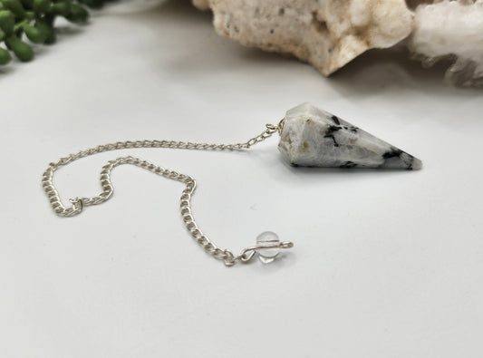 Rainbow Moonstone Gemstone Pendulum w/ Silver Plated Chain