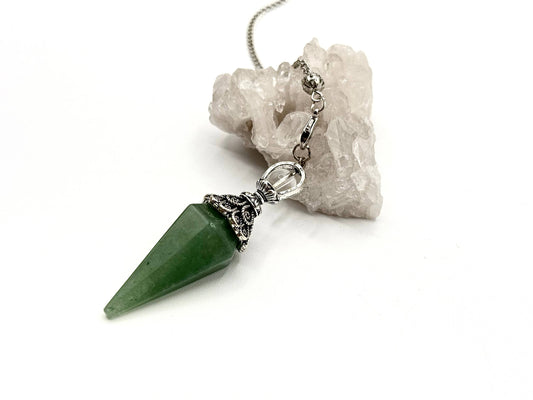 Green Aventurine Double Cap Pendulum with Silver Plate Chain