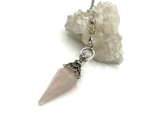 Rose Quartz Double Cap Pendulum with Silver Plate Chain