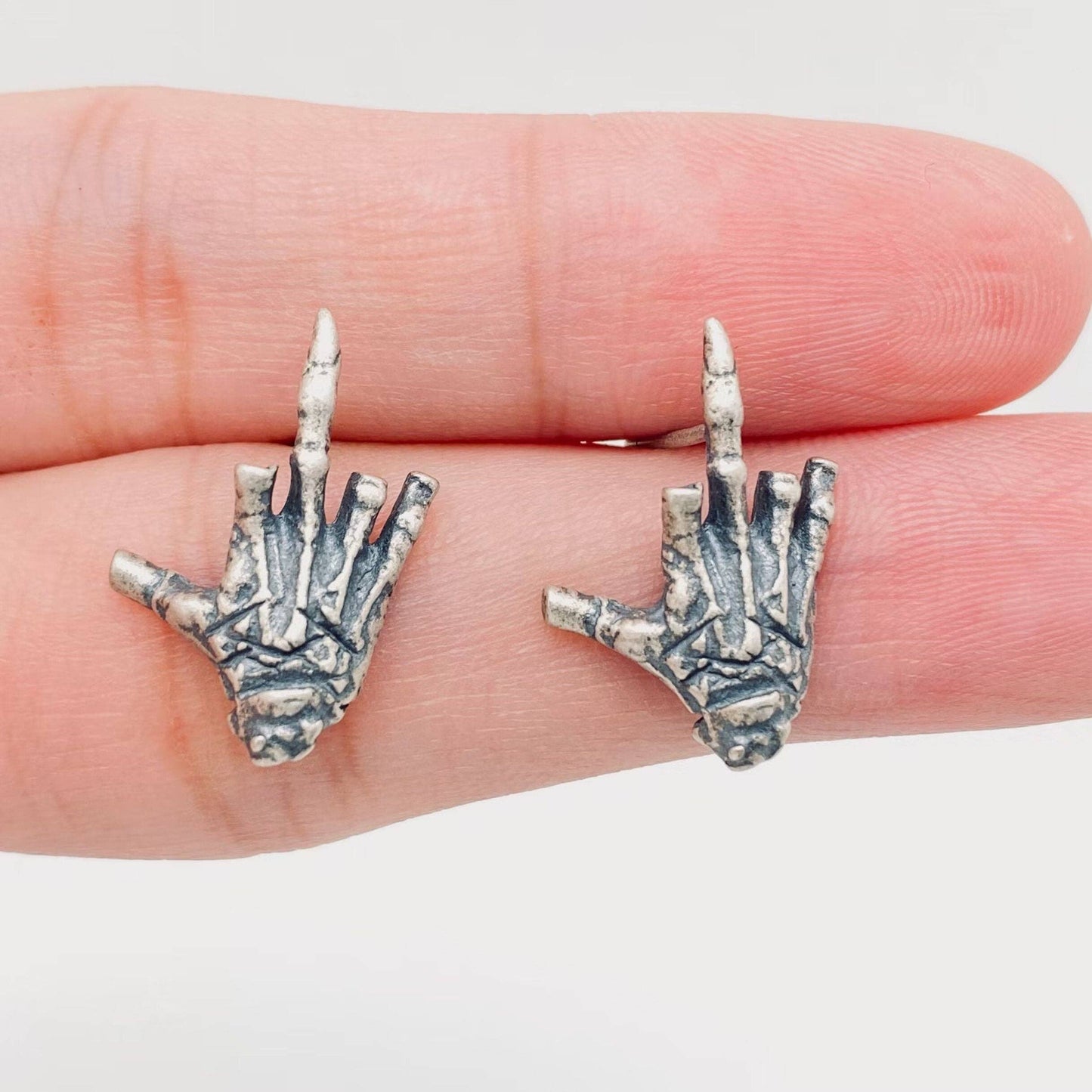 Sterling Silver Skull Hand Bone Design Ear Studs