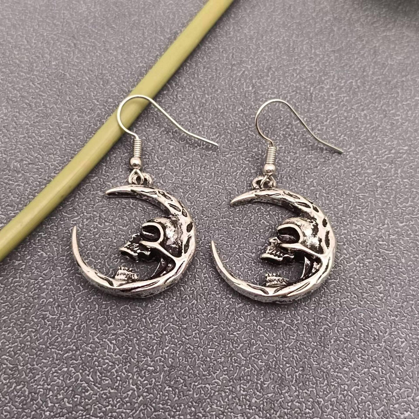 Gothic Half Skull Face Crescent Dangle Earrings