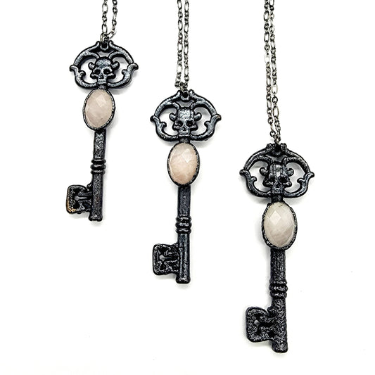 Skeleton Key Necklace-Rose Quartz