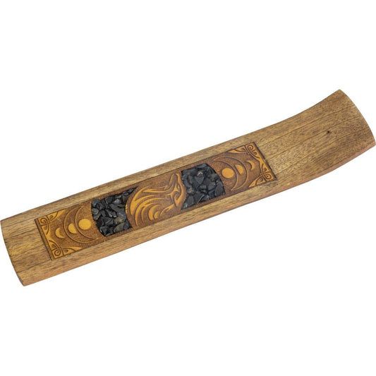 Wood Incense Holder - Wolf w/ Black Onyx Inlay