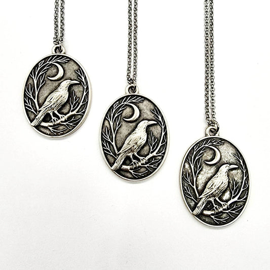 Raven and Crescent Moon Antique Silver Pendant Necklace