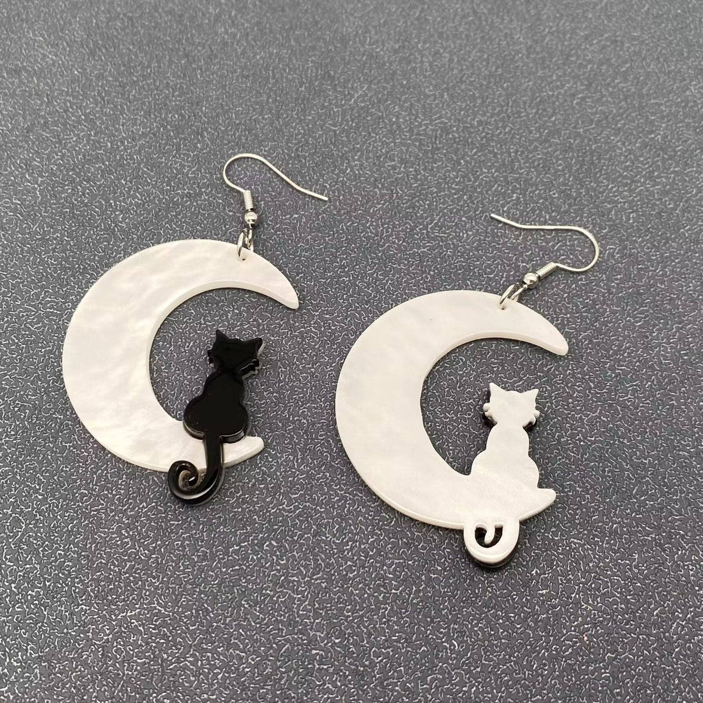 Black Cat On The White Moon Dangle Earrings