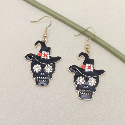 Halloween Black Enamel Skull Dangle Earrings