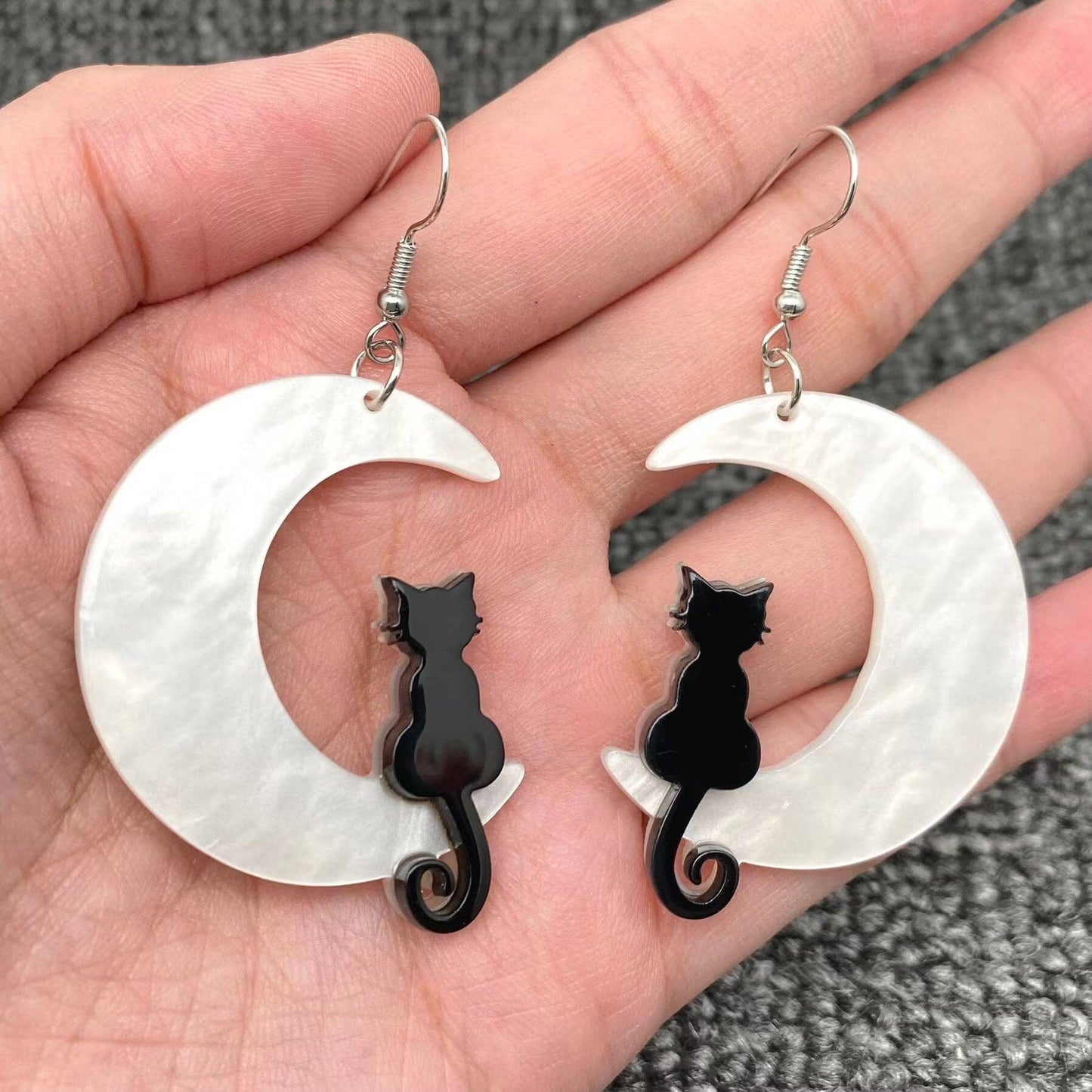 Black Cat On The White Moon Dangle Earrings