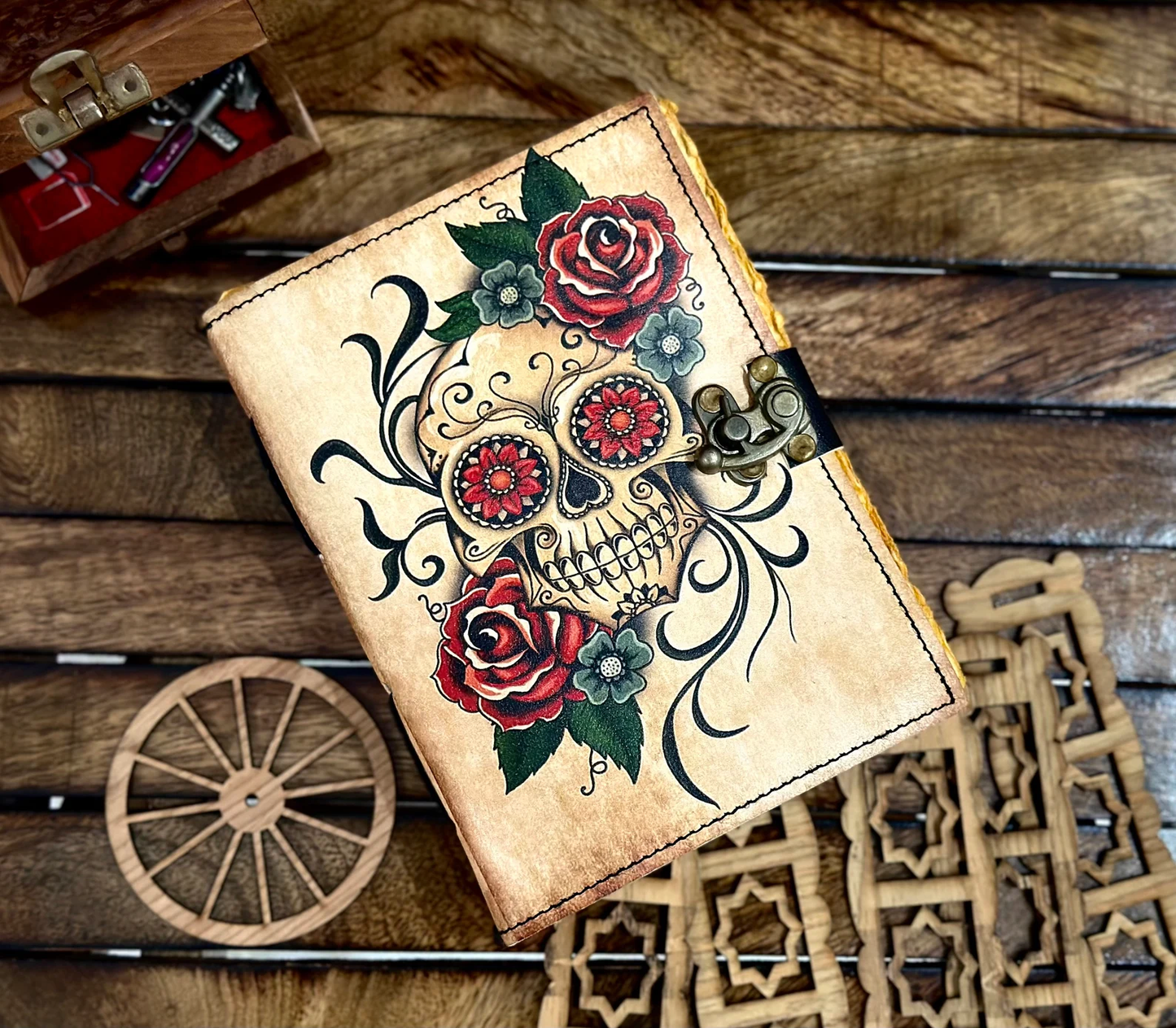 Leather Journal Grimoire with Sugar Skull Rose Print