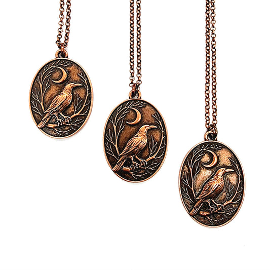 Raven and Crescent Moon Copper Pendant Necklace