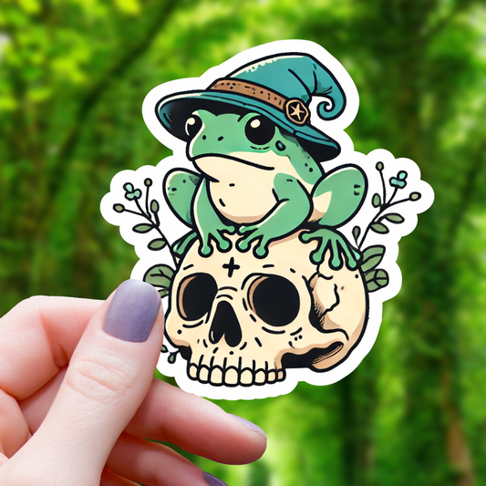 Wizard Frog on Cottagecore Skull Sticker- 3"