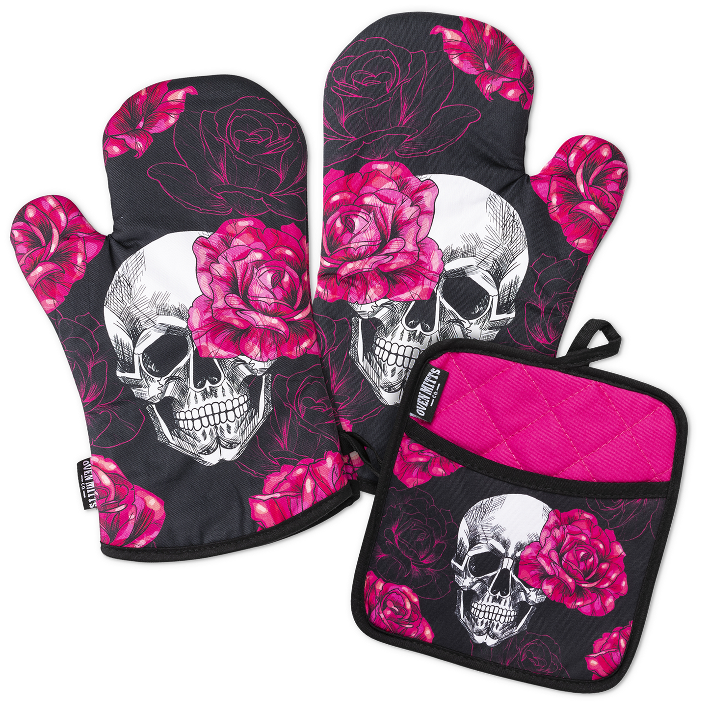 Pink Rose & Skull Oven Mitts And Potholder Set