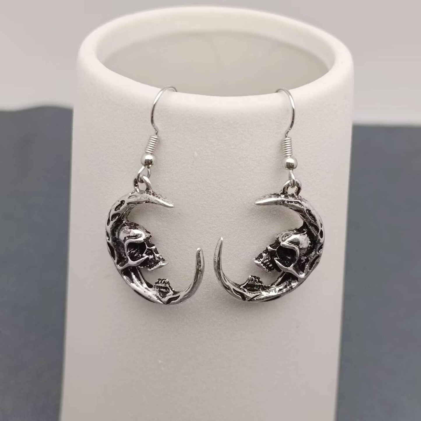 Gothic Half Skull Face Crescent Dangle Earrings
