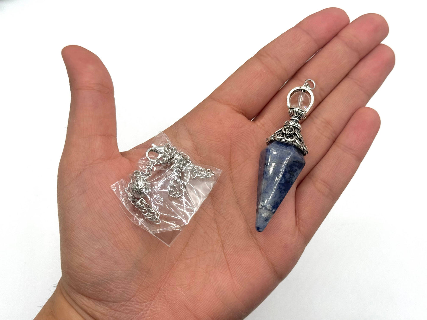 Sodalite Double Cap Pendulum with Silver Plate Chain