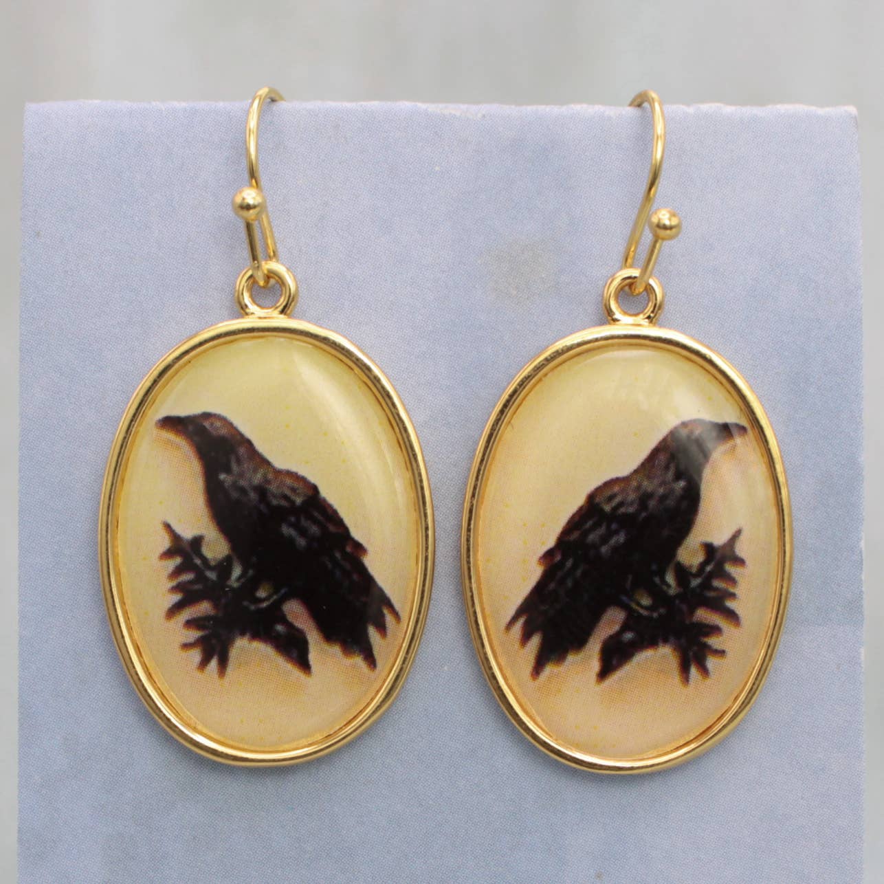Vintage Raven Print Gold Earrings