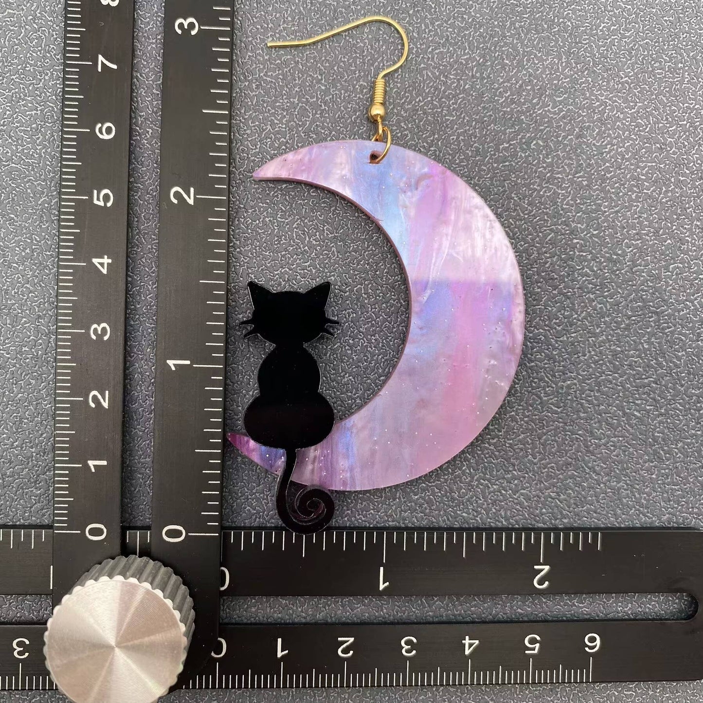 Black Cat On The crescent Moon Asymmetric Dangle Earrings