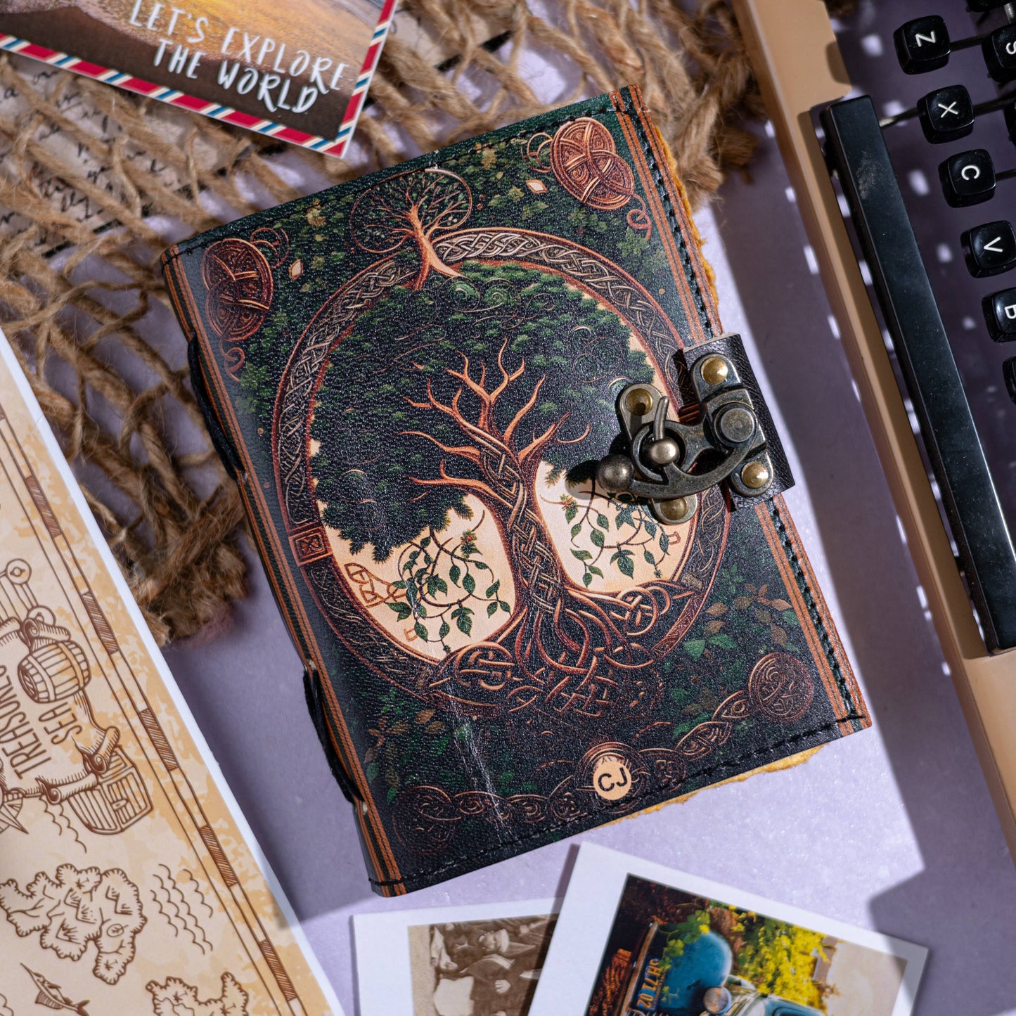 Leather Journal with Vintage Paper Tree Print