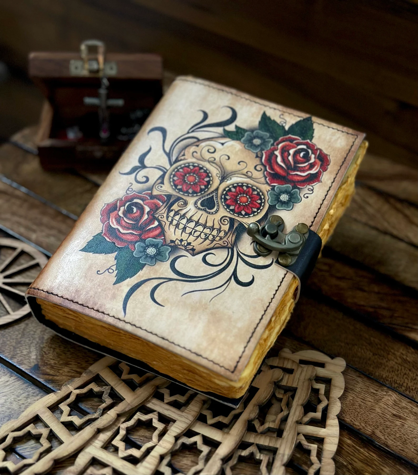 Leather Journal Grimoire with Sugar Skull Rose Print