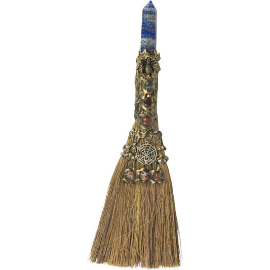 Gemstone Broom 13in - Lapis w/ Gold Spider