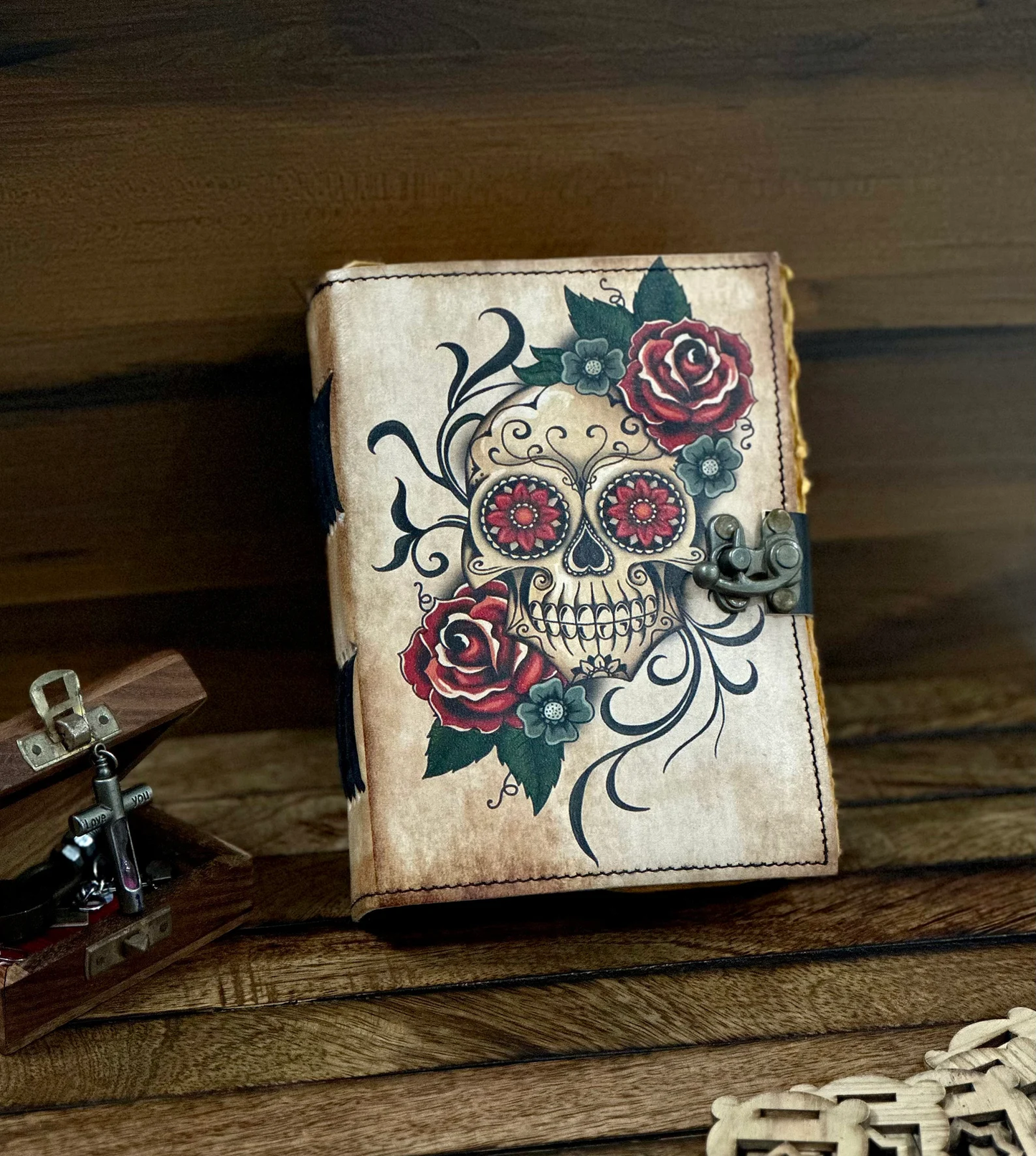 Leather Journal Grimoire with Sugar Skull Rose Print