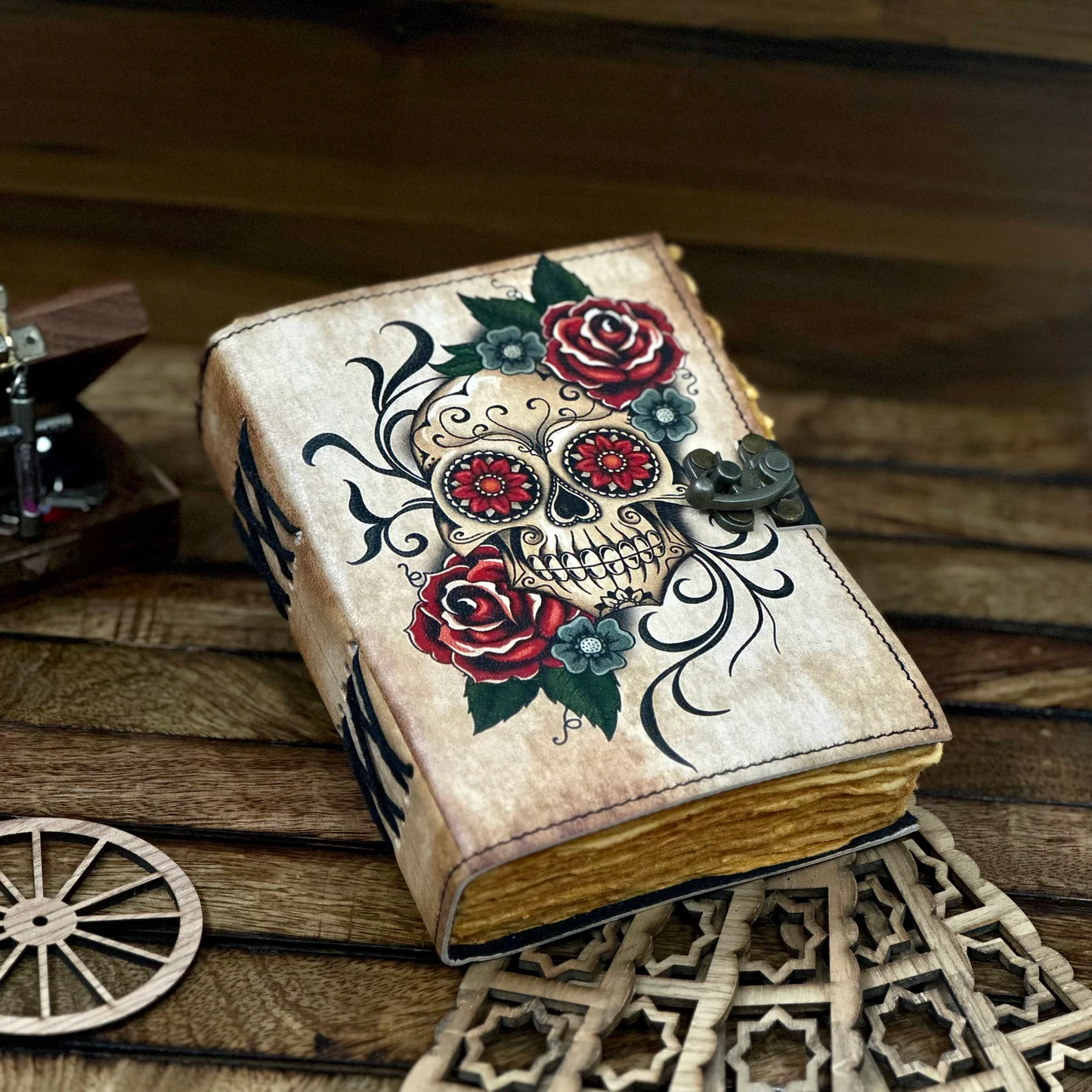 Leather Journal Grimoire with Sugar Skull Rose Print