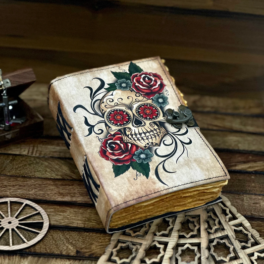 Leather Journal Grimoire with Sugar Skull Rose Print