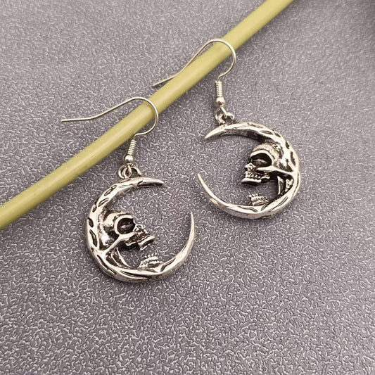 Gothic Half Skull Face Crescent Dangle Earrings