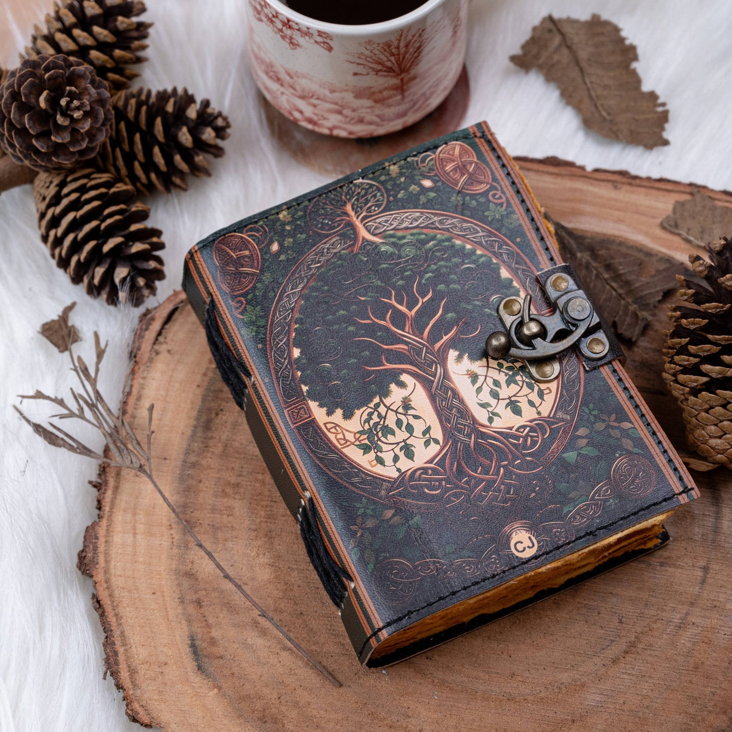 Leather Journal with Vintage Paper Tree Print
