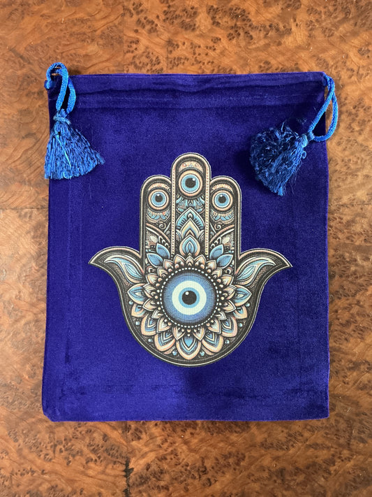 Tarot bag, blue velvet, sacred hamsa